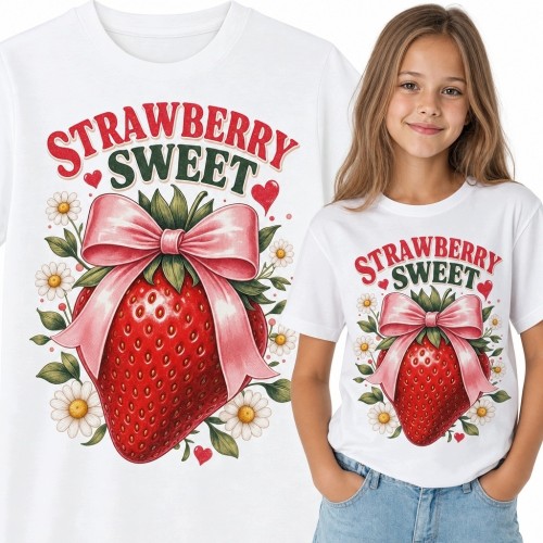 Koszulka dziewczęca z truskawką „Strawberry Sweet” - owocowo-kwiatowy motyw