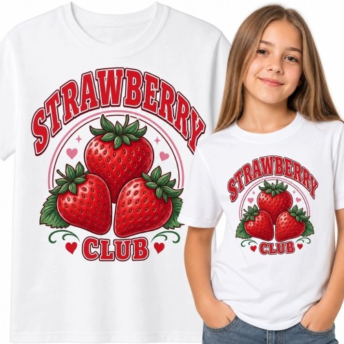 Koszulka dziewczęca z truskawkami „Strawberry Club” - owocowy motyw retro