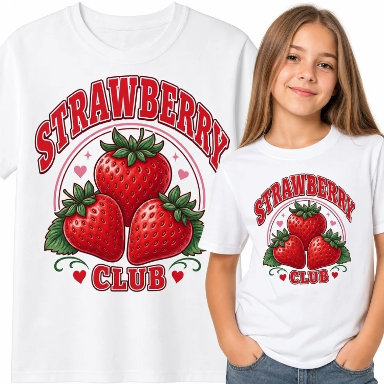 Koszulka dziewczęca z truskawkami „Strawberry Club” - owocowy motyw retro