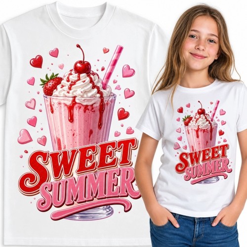 Koszulka dziewczęca „Sweet Summer” z truskawkowym koktajlem - wakacyjny wzór retro