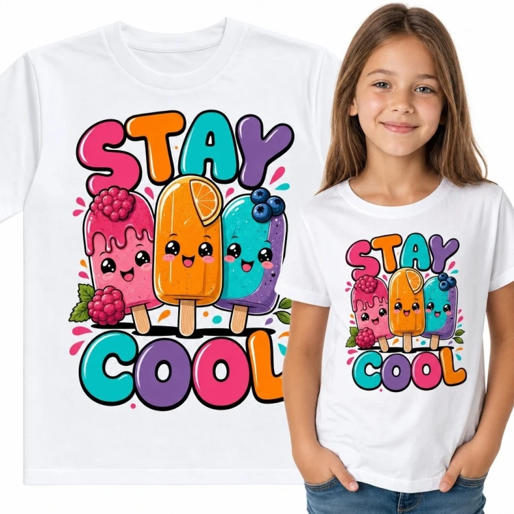 Koszulka dziewczęca z lodami kawaii „Stay Cool” - kolorowy wakacyjny motyw