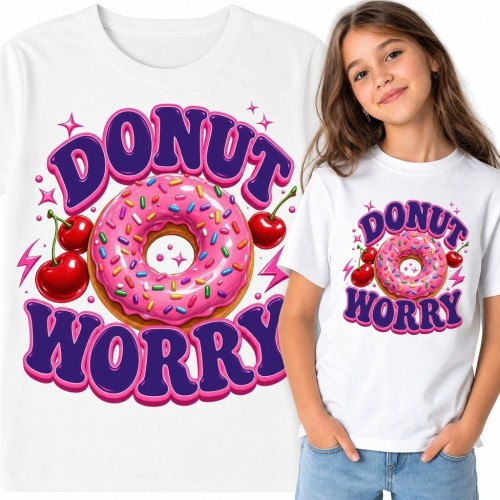Koszulka dziewczęca z donutem „Donut Worry” - różowy wzór retro