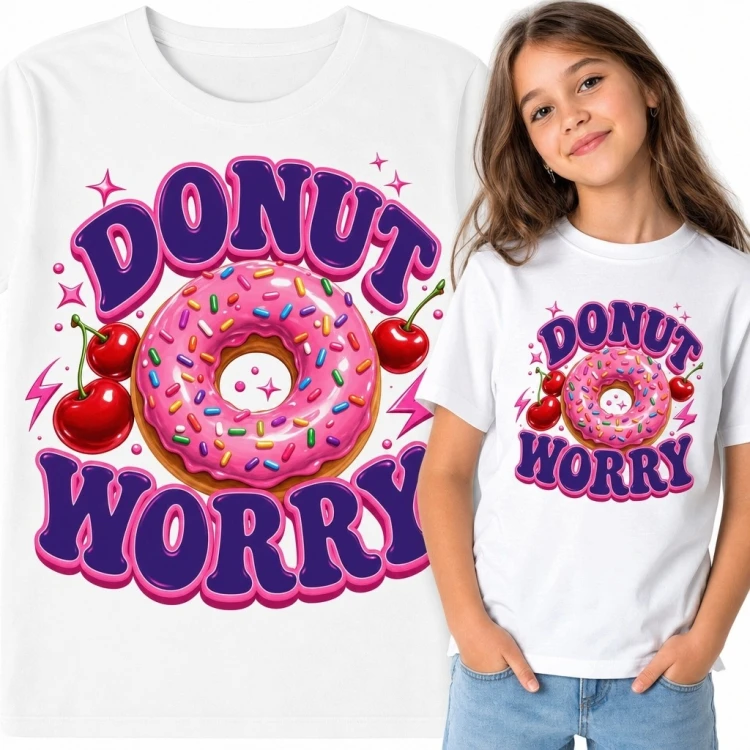 Koszulka dziewczęca z donutem „Donut Worry” - różowy wzór retro