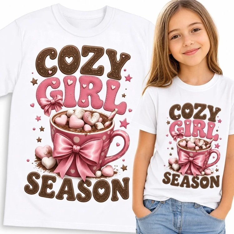 Koszulka dziewczęca z kubkiem kakao i kokardą „Cozy Girl Season” - słodki motyw