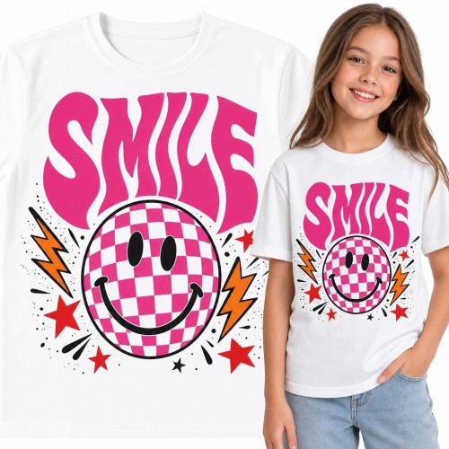 Koszulka dziewczęca z buźką smiley i napisem „Smile” - różowa szachownica