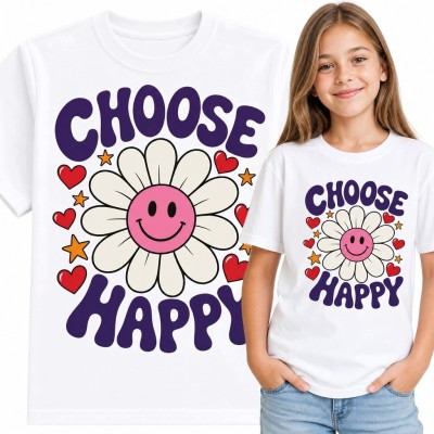 Koszulka dziewczęca z napisem „Choose Happy” i uśmiechniętą stokrotką - pozytywny wzór