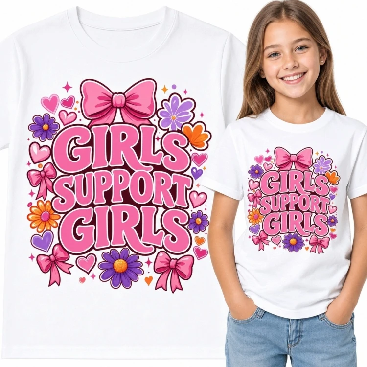 Koszulka dziewczęca z napisem „Girls Support Girls” - kwiaty, kokardy i serca