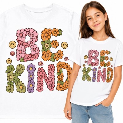 Koszulka dziewczęca z kwiatowym napisem „Be Kind” - kolorowe uśmiechnięte buźki