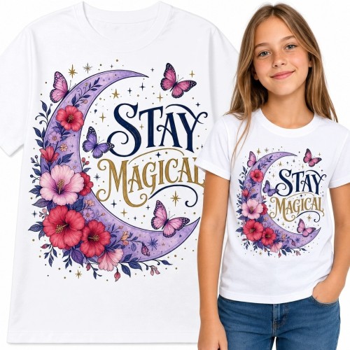 Koszulka dziewczęca „Stay Magical” - kwiatowy półksiężyc i motyle