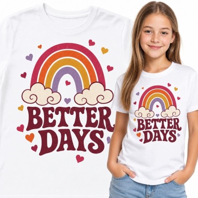Koszulka dziewczęca z retro tęczą, sercami i napisem „Better Days”
