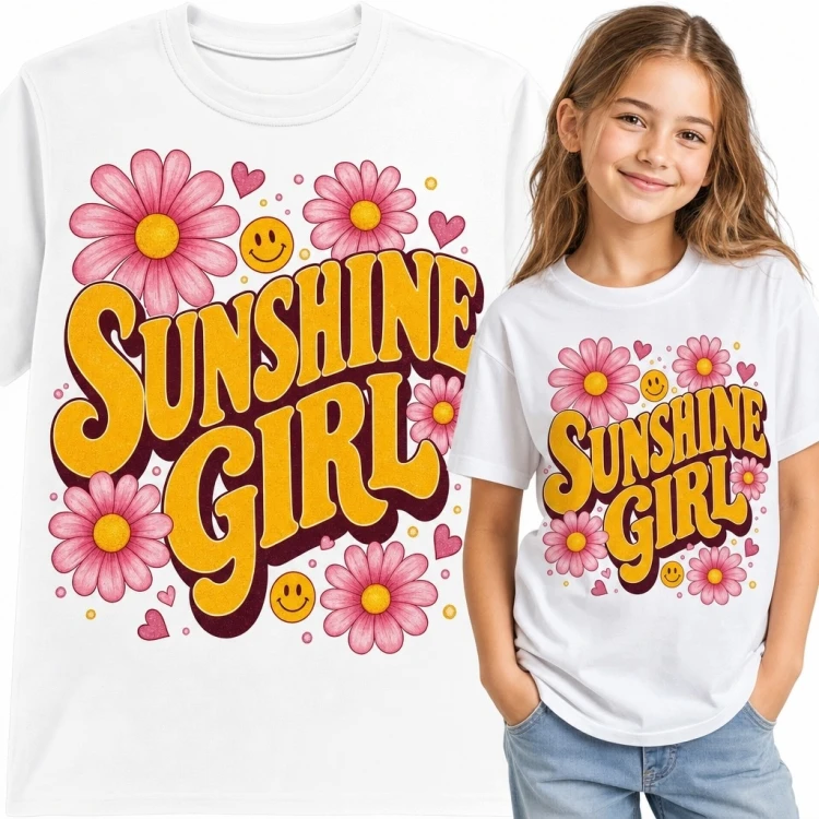 Koszulka dziewczęca z kwiatami „Sunshine Girl” - pogodny nadruk retro