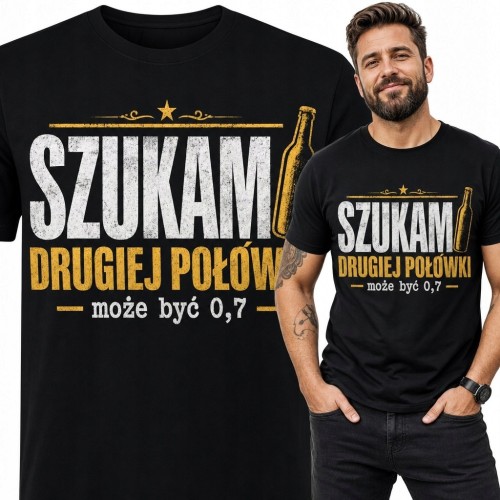 Koszulka męska z butelką i napisem „Szukam drugiej połówki - może być 0,7”