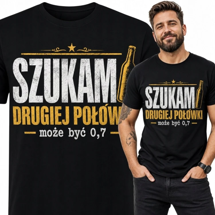 Koszulka męska z butelką i napisem „Szukam drugiej połówki - może być 0,7”