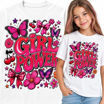 Koszulka dziewczęca z napisem „Girl Power” - motyle, kwiaty i kokardy