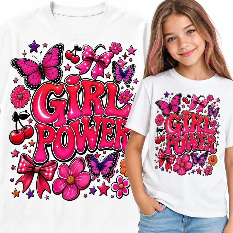 Koszulka dziewczęca z napisem „Girl Power” - motyle, kwiaty i kokardy
