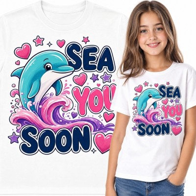 Koszulka dziewczęca z delfinem „Sea You Soon” - kolorowy motyw morski