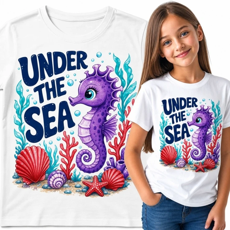 Koszulka dziewczęca z konikiem morskim „Under the Sea” - bajkowy podwodny świat