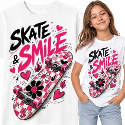 Koszulka dziewczęca z deskorolką i napisem „Skate &amp; Smile” - styl graffiti