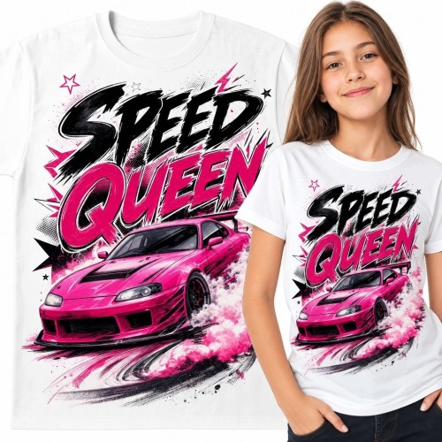 Koszulka dziewczęca z różowym samochodem „Speed Queen” - motoryzacyjny wzór