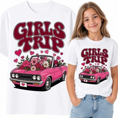 Koszulka dziewczęca z napisem „Girls Trip” i różowym kabrioletem - wzór retro