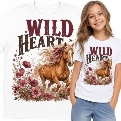 Koszulka dziewczęca z galopującym koniem i kwiatami „Wild Heart” - styl western