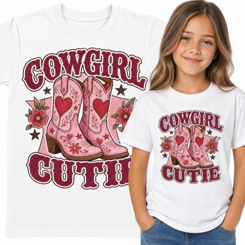 Koszulka dziewczęca z różowymi kowbojkami „Cowgirl Cutie” - western retro