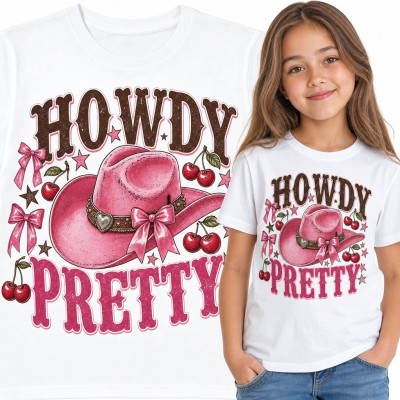 Koszulka dziewczęca z różowym kapeluszem kowbojskim „Howdy Pretty” - styl cowgirl