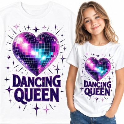 Koszulka dziewczęca „Dancing Queen” z neonowym sercem disco
