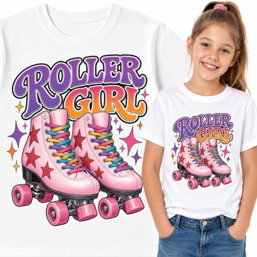 Koszulka dziewczęca „ROLLER GIRL” z różowymi wrotkami i gwiazdami w stylu retro