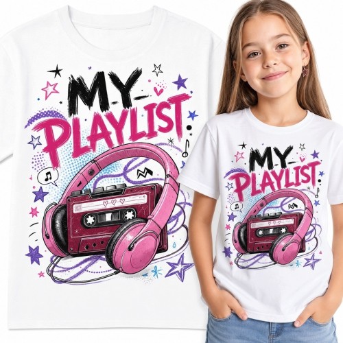 Koszulka dziewczęca „My Playlist” - kaseta i słuchawki w stylu retro