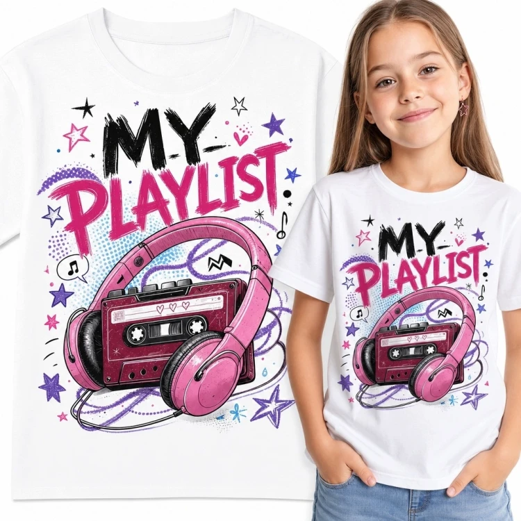 Koszulka dziewczęca „My Playlist” - kaseta i słuchawki w stylu retro