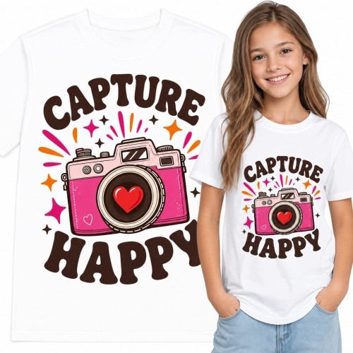Koszulka dziewczęca z aparatem retro i napisem „Capture Happy”