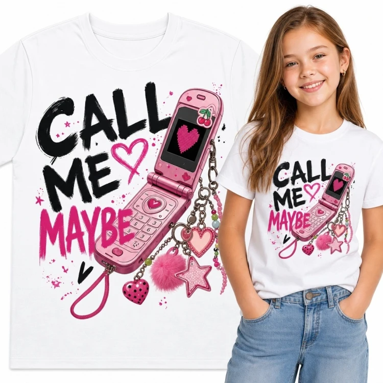 Koszulka dziewczęca Y2K z różowym telefonem „Call Me Maybe”