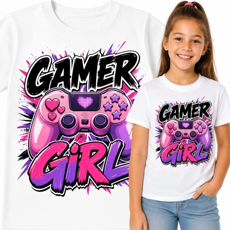 Koszulka dziewczęca „Gamer Girl” z kontrolerem do gier - różowo-fioletowy wzór