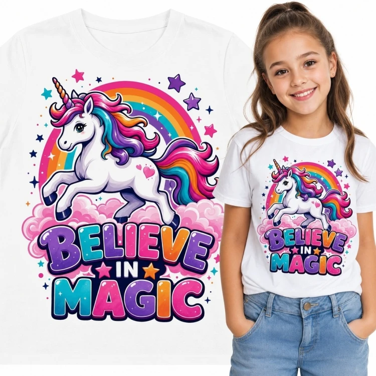 Koszulka dziewczęca z jednorożcem „Believe in Magic” - tęcza i gwiazdy