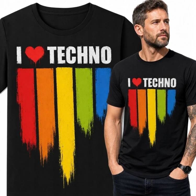 Koszulka męska dla fana techno „I ♥ Techno” - kolorowe pasy
