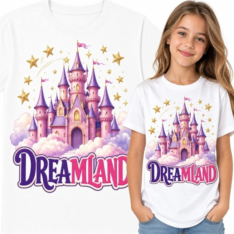 Koszulka dziewczęca z baśniowym zamkiem „Dreamland” - pastelowy motyw fantasy
