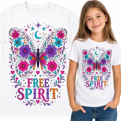 Koszulka dziewczęca z kwiatowym motylem i napisem „Free Spirit” - styl boho