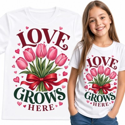 Koszulka dziewczęca z tulipanami „Love Grows Here” - romantyczny wzór w serca