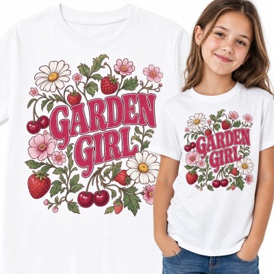Koszulka dziewczęca „Garden Girl” z kwiatami, truskawkami i czereśniami - retro motyw ogrodowy