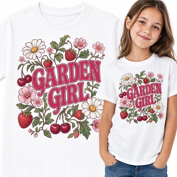 Koszulka dziewczęca „Garden Girl” z kwiatami, truskawkami i czereśniami - retro motyw ogrodowy