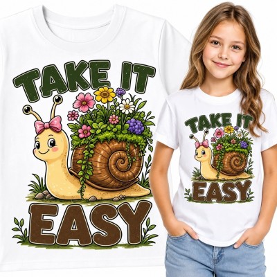 Koszulka dziewczęca ze ślimakiem i kwiatami „Take It Easy”