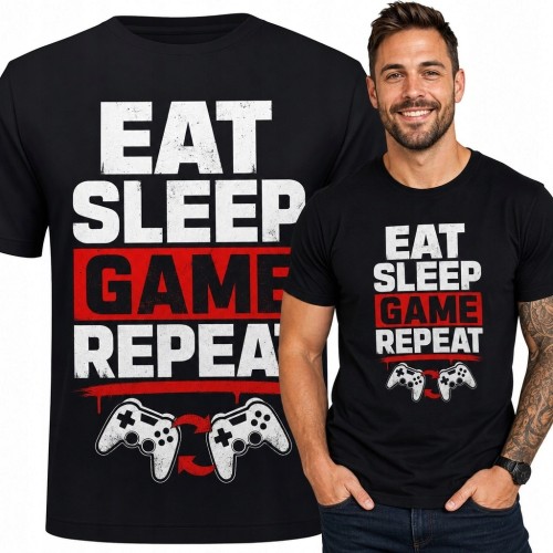 Koszulka męska dla gracza „Eat Sleep Game Repeat” - kontrolery