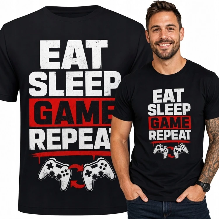 Koszulka męska dla gracza „Eat Sleep Game Repeat” - kontrolery