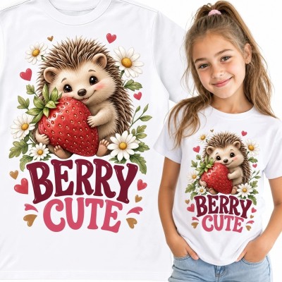 Koszulka dziewczęca z jeżem i truskawką „Berry Cute” - słodki owocowy motyw