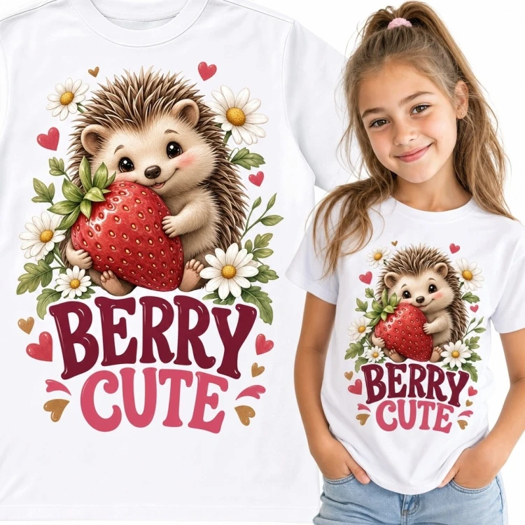 Koszulka dziewczęca z jeżem i truskawką „Berry Cute” - słodki owocowy motyw