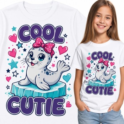 Koszulka dziewczęca z foczką i napisem „Cool Cute” - słodki kolorowy motyw
