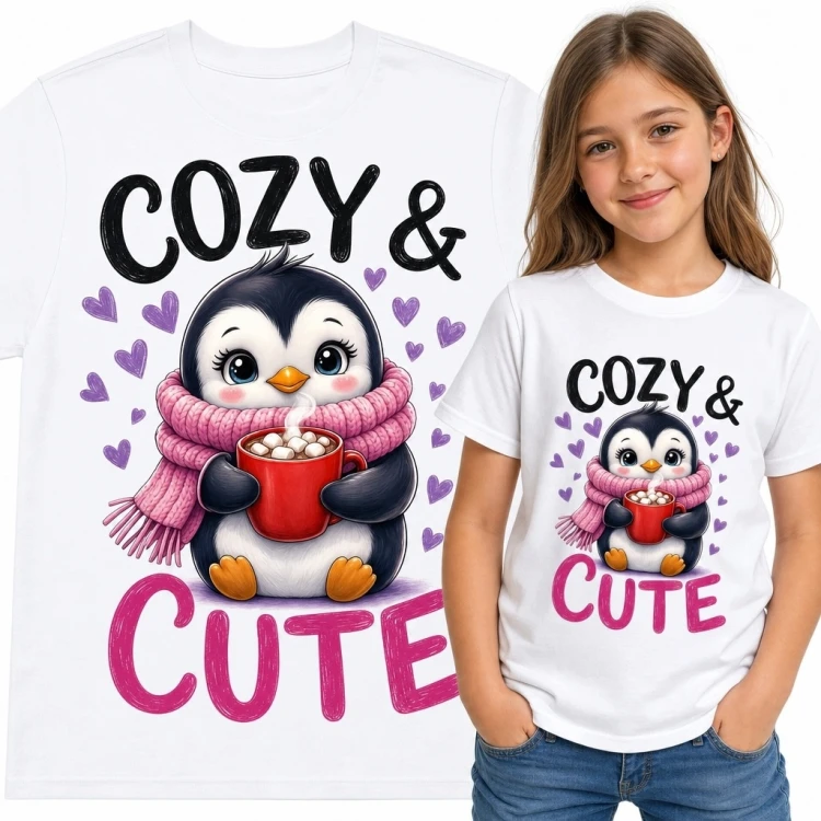 Koszulka dziewczęca z pingwinem „Cozy &amp; Cute” - zimowy wzór