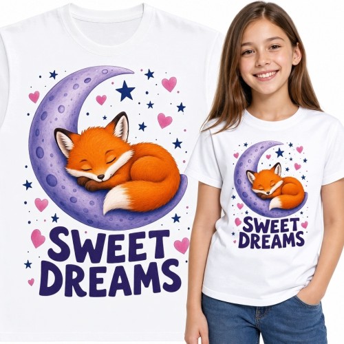 Koszulka dziewczęca ze śpiącym lisem na księżycu - „Sweet Dreams”