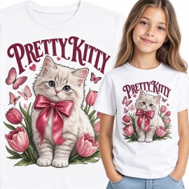 Koszulka dziewczęca z kotkiem „Pretty Kitty” - kwiaty i motyle